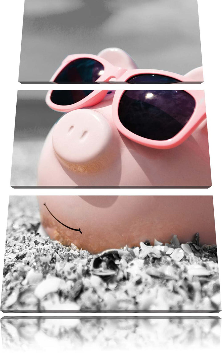 Pixxprint Cooles Sparschwein mit Sonnenbrille am Strand schwarz/weiss 3-Teiler Leinwandbild 120x80 B