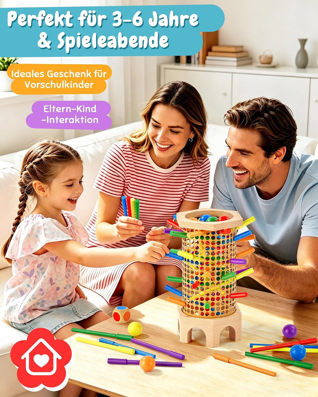 Montessori Spielzeug ab 3 4 5 6 Jahren - Holz Brettspiel mit bunten Antirutsch-Stäbchen, Ball & Würf