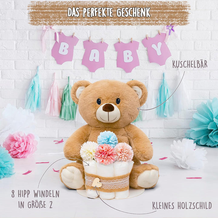MilaBoo® Kleine Vintage Windeltorte Neutral mit grossem Teddybär I Liebevolles Geschenk zur Geburt I