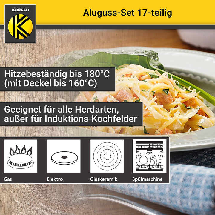 Krüger Aluguss-Set 17-teilig - antihaft-versiegeltes Topf- und Pfannenset mit Küchenhelfer - hohe Hi
