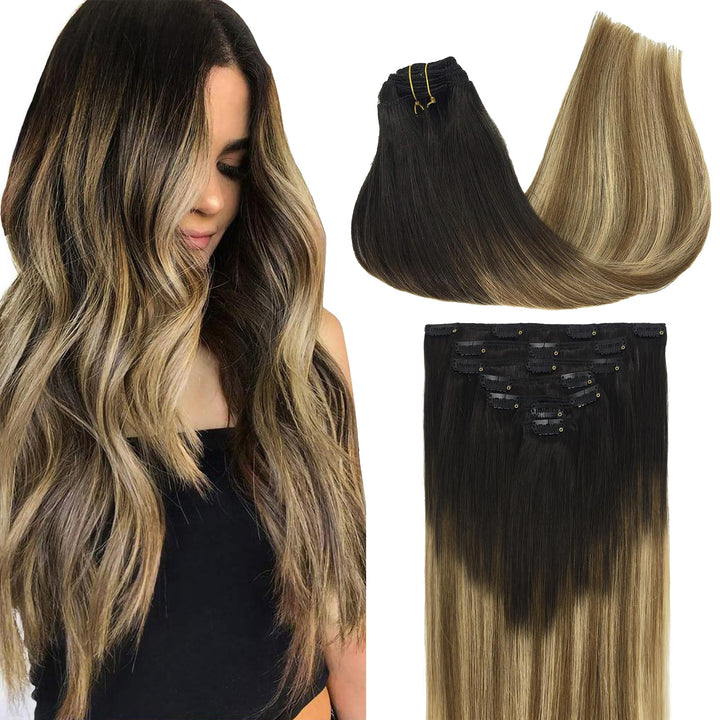 GOO GOO Echthaar Extensions Clip, 35cm 14 Zoll 120g 7 Stück Dunkelbraun bis Schmutzig Blond Clip in