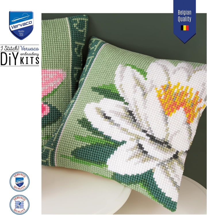 Vervaco Kreuzstichkissen weisse Lotus Blume Kreuzstickpackung vorgedruckt, Stramin, 40 x 40 x 0,3 cm