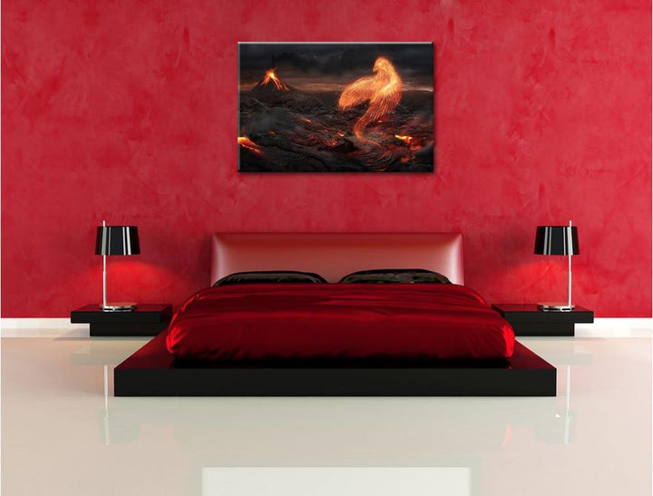 Pixxprint Brennender Phönix Vulkanlandschaft als Leinwandbild/Grösse: 100x70 cm/Wandbild/Kunstdruck/