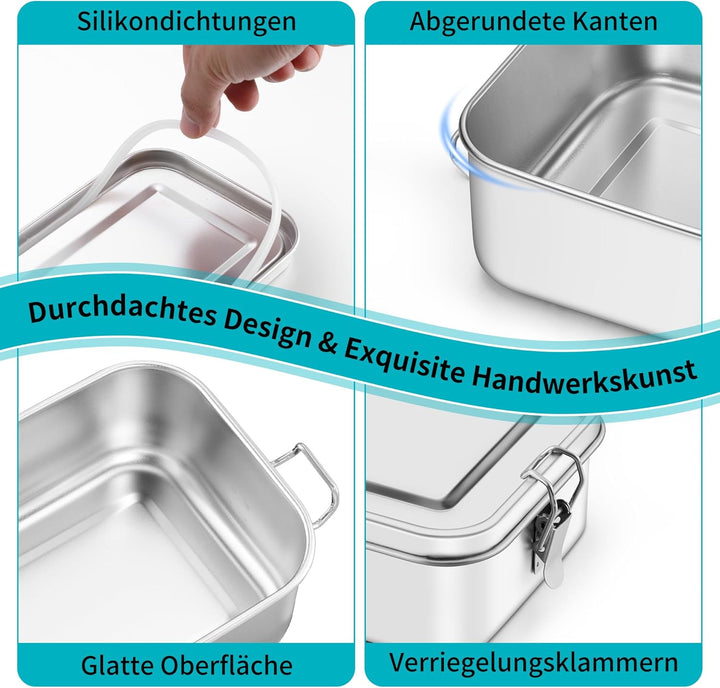 Onader Edelstahl Brotdose mit Fächern 2er Set, 850ml Bento Box Lunchbox mit Abnehmbar Trennwand, Met