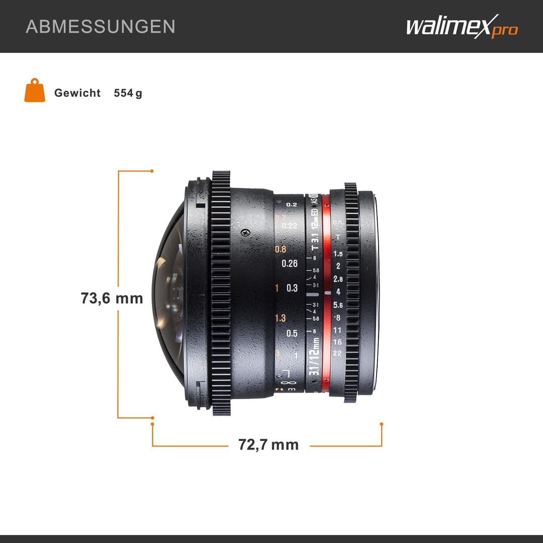 Walimex Pro 12mm 1:3,1 Fish-Eye VCSC für Canon EF Objektivbajonett schwarz (manueller Fokus, für Vol