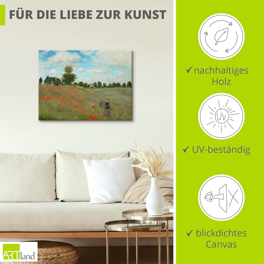 ARTland Leinwandbilder Wandbild Bild auf Leinwand 80x60 cm Wanddeko Wiese Sommer Bäume Mohnblumen Wa