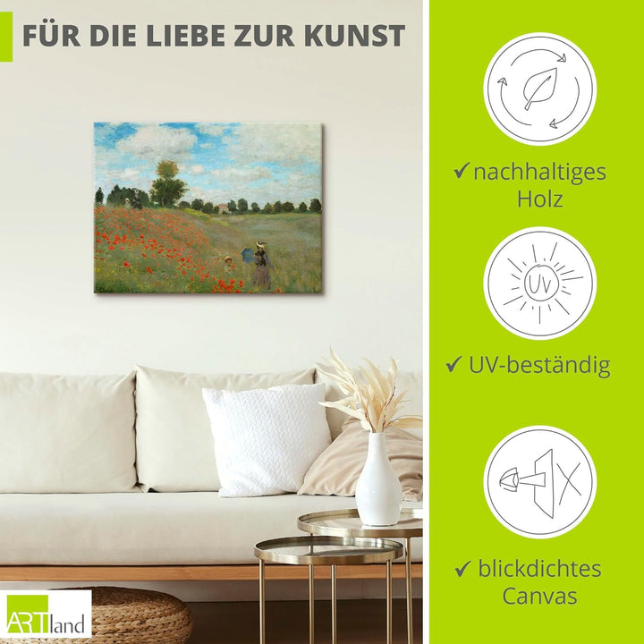 ARTland Leinwandbilder Wandbild Bild auf Leinwand 80x60 cm Wanddeko Wiese Sommer Bäume Mohnblumen Wa