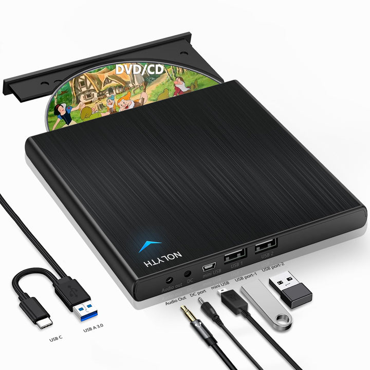 NOLYTH Externes CD Laufwerk für Laptop: DVD Laufwerk Extern mit 1 Audio 2 USB Slots - Tragbar Brenne