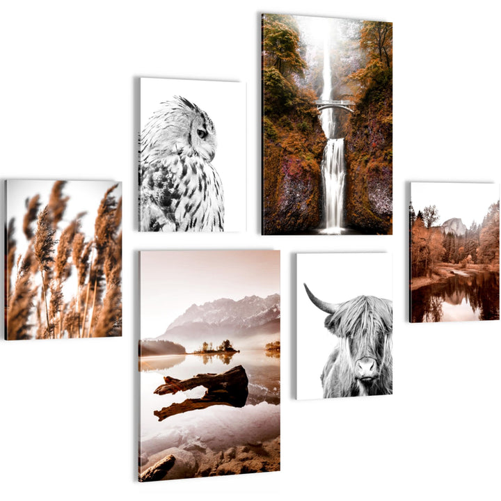 Novart Wandbilder Set Natur Berge See Orange Braun - KEIN EXTRA RAHMEN BENÖTIGT - Modern Deko - Wohn