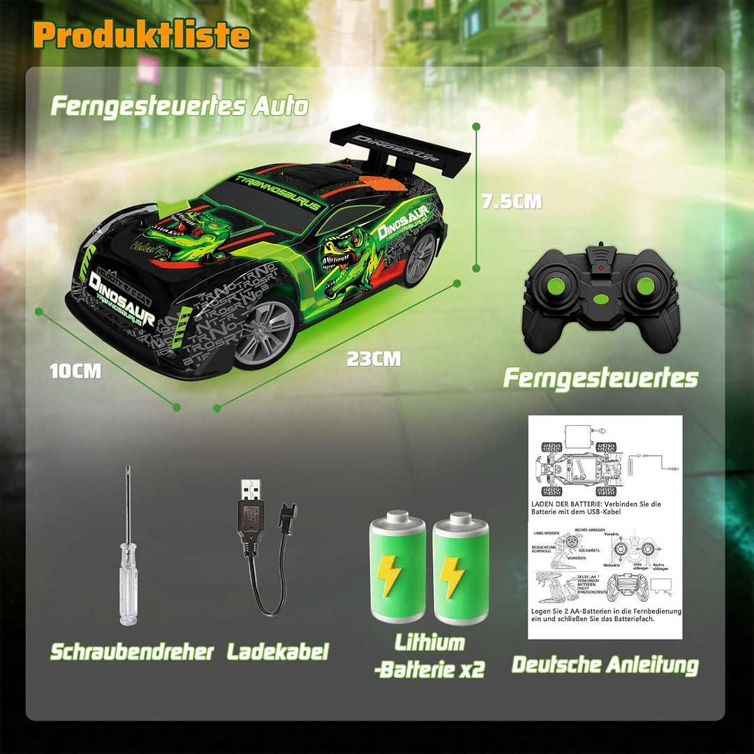 Ferngesteuertes Auto ab 3 4 5 6 Jahre, Dinosaurier Spielzeug mit Licht und Musik, 15KM/H 1/16 Fernge