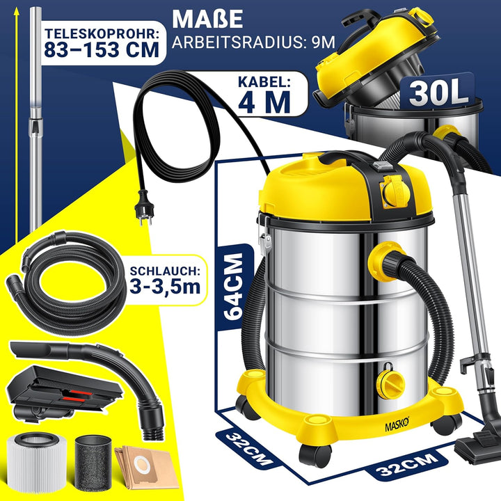 MASKO® Industriestaubsauger Staubsauger Nass Trocken Sauger Edelstahl 2300W + Steckdose | Blasfunkti