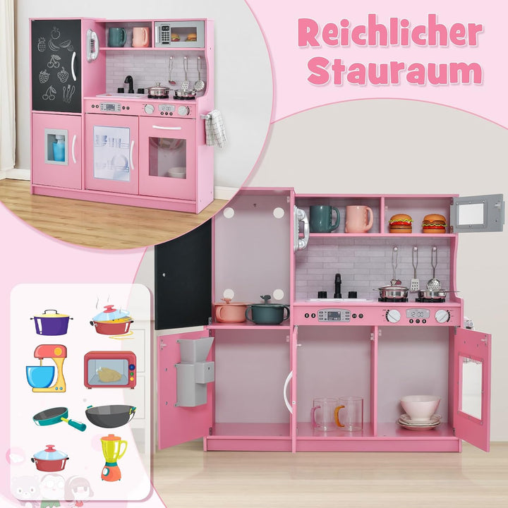 DREAMADE Kinderküche Holz mit Zubehör, Kinderspielküche Holzküche mit Herd Geschirrspüler Eismaschin