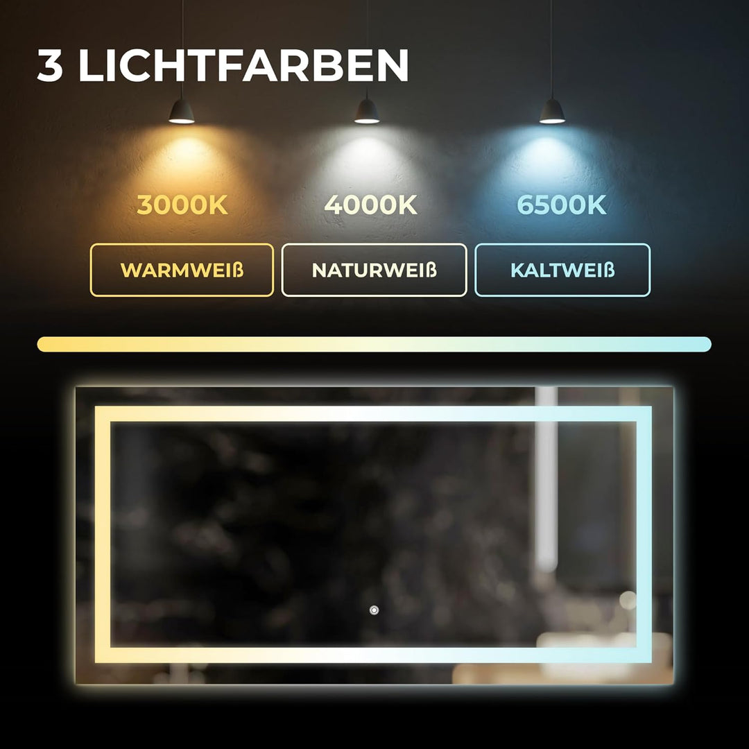 BR Bringer LED Badspiegel - 120x60 cm - Badezimmerspiegel mit Beleuchtung und Anti-Beschlag Funktion
