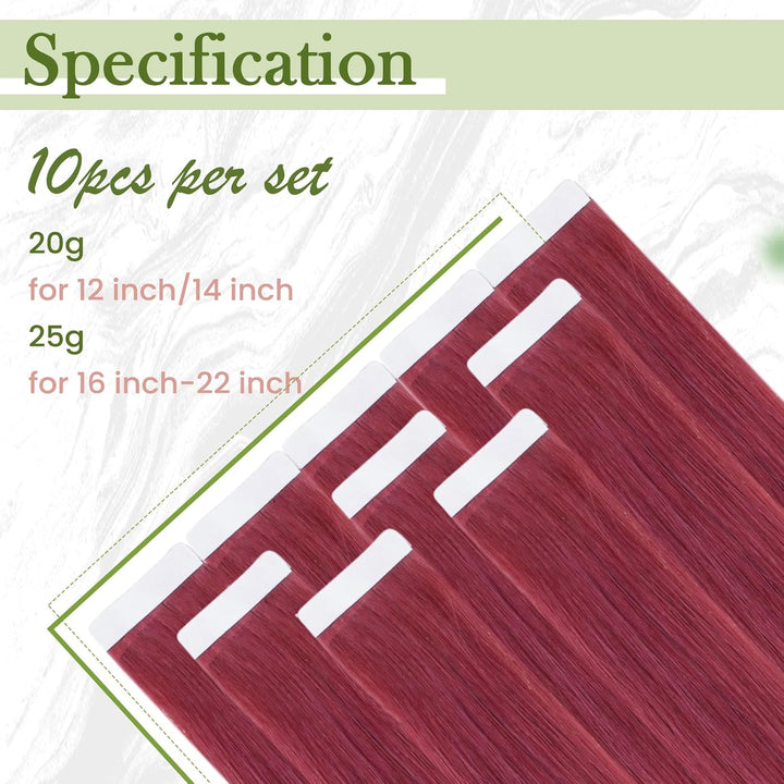 RUNATURE Echthaar Extensions Tape Rot Extensions Echthaar Tape Burg Menschliches Haar 40cm 10 Stück