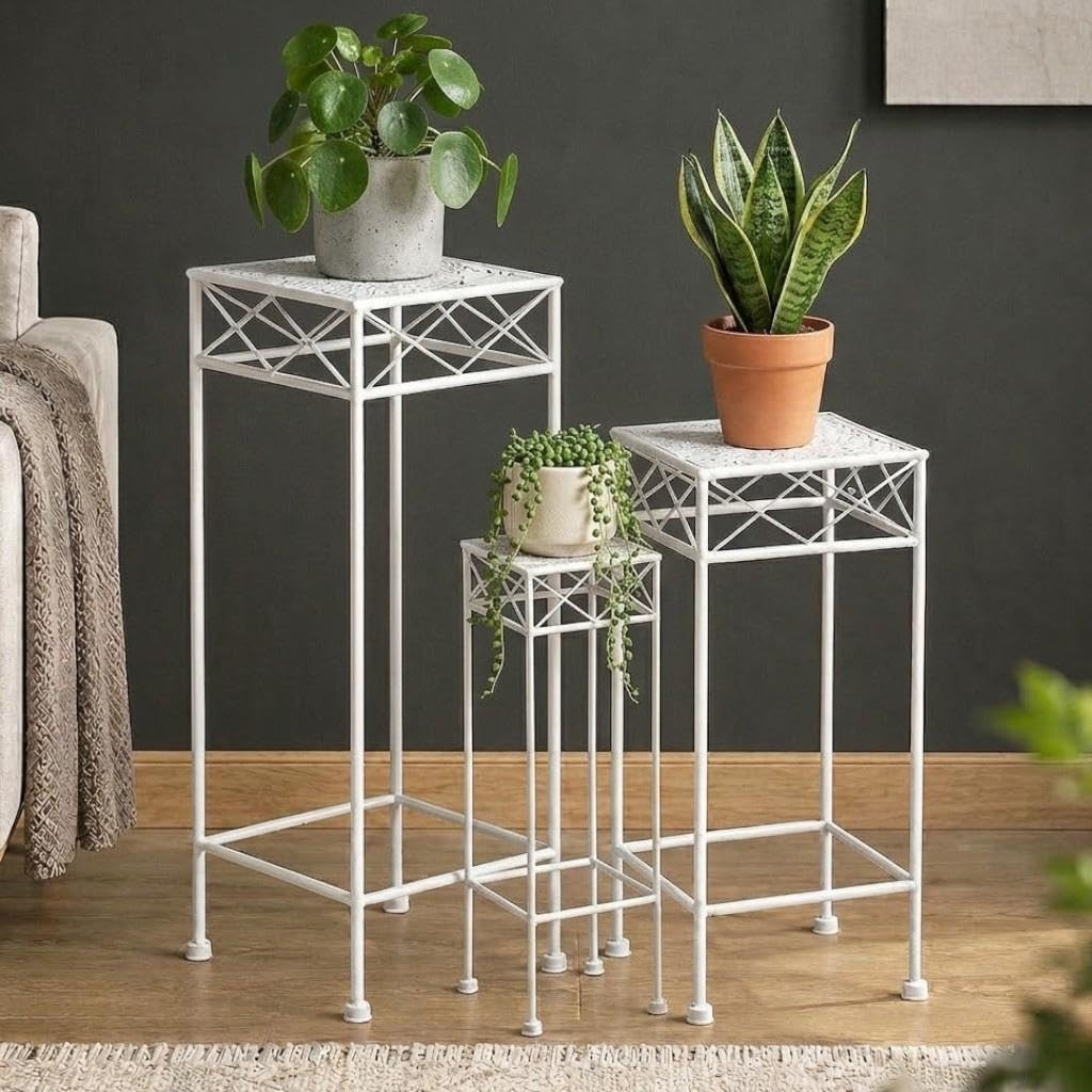 DanDiBo Blumenhocker Weiss Metall Eckig Blumenständer 96314 3er Set Beistelltisch Blumensäule Modern