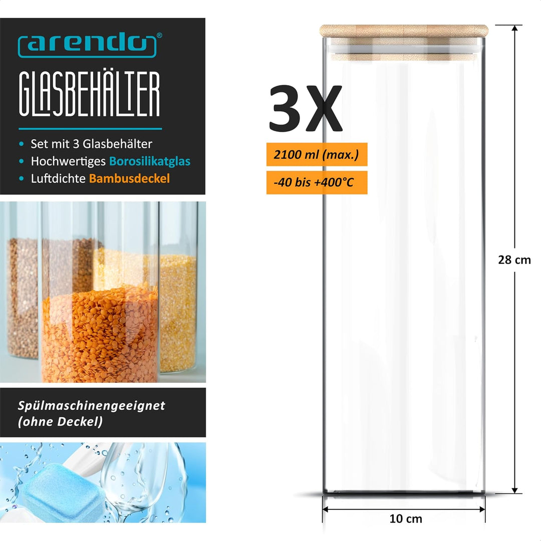 Arendo - Vorratsgläser mit Deckel 2 Liter - 3er Set - 10 x 28 cm / - Glasbehälter aus Glas – hitzebe