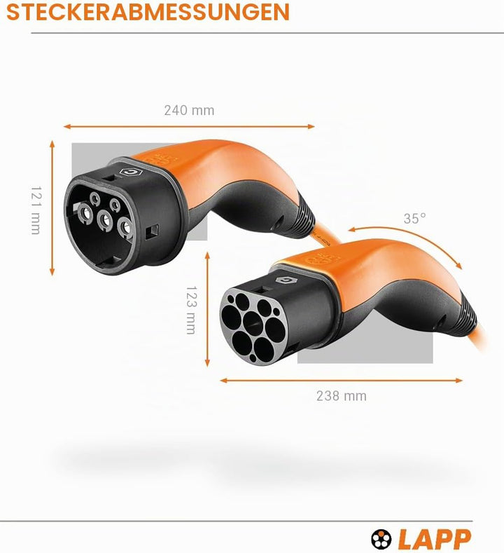 Lapp Mobility Typ 2 Ladekabel 7,4 KW/Glatt / 32 A / 1-Phasig/E-Auto Ladekabel/Mode 3 / 5m 5 Meter Or