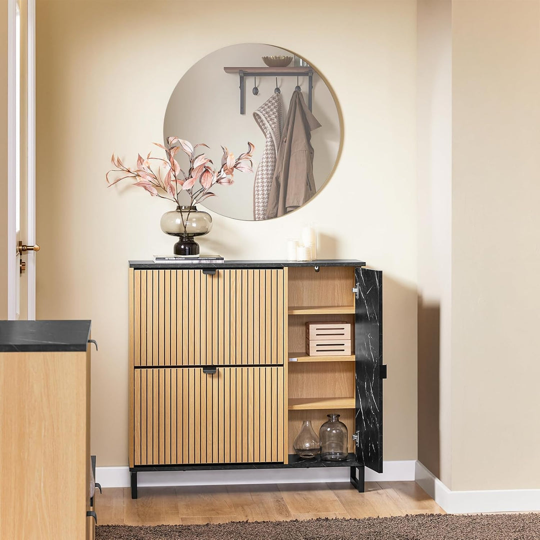 SoBuy Schuhschrank Schmal 2 Klappen, Schuhkipper Platzsparend für Flur, Schuhschrank Schwarz mit Mar