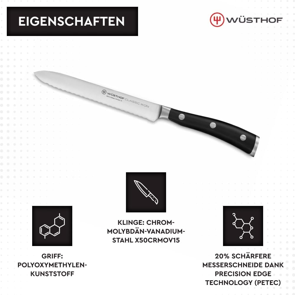 WÜSTHOF Classic Ikon Aufschnittmesser 14 cm, Schwarz 14 cm Gemüsemesser mit Wellenschliff, 14 cm Gem