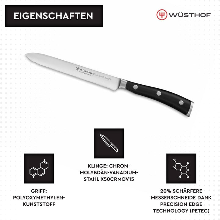 WÜSTHOF Classic Ikon Aufschnittmesser 14 cm, Schwarz 14 cm Gemüsemesser mit Wellenschliff, 14 cm Gem