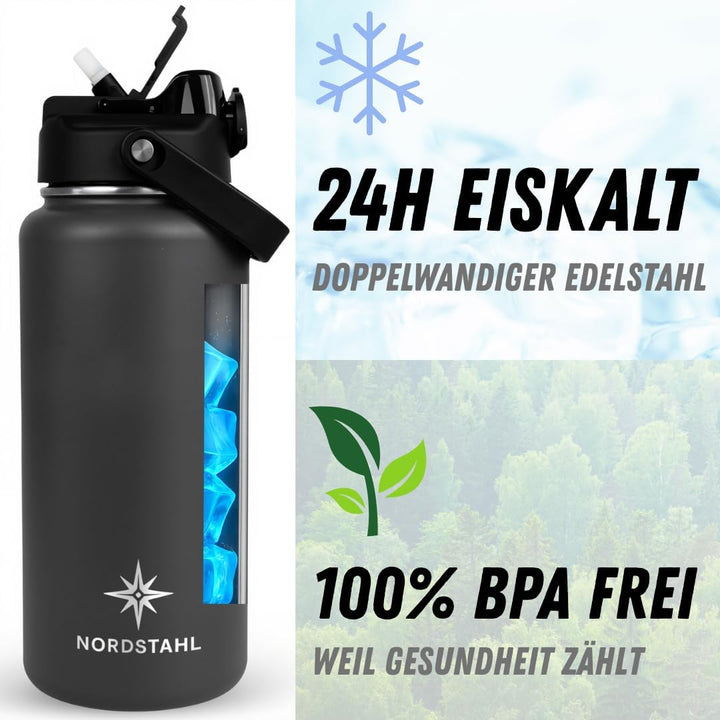 Thermosflasche 2L | 2-in-1 Deckel mit Strohhalm | 100% Spülmaschinenfest | 24h Eiskalt | 6h brennend
