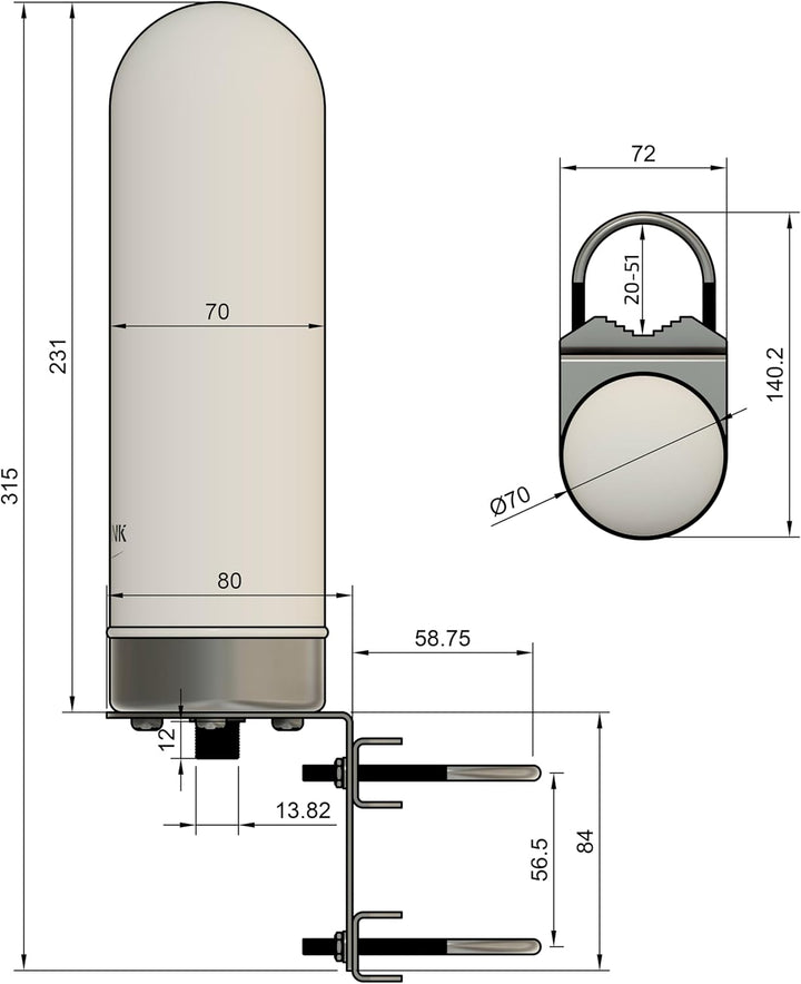 BATLINK MAO5GV1 2x2 MIMO Marine Grade (IP66) 5G Antenne inkl. 5m Kabel - 9dBi Leistungsgewinn, für 5