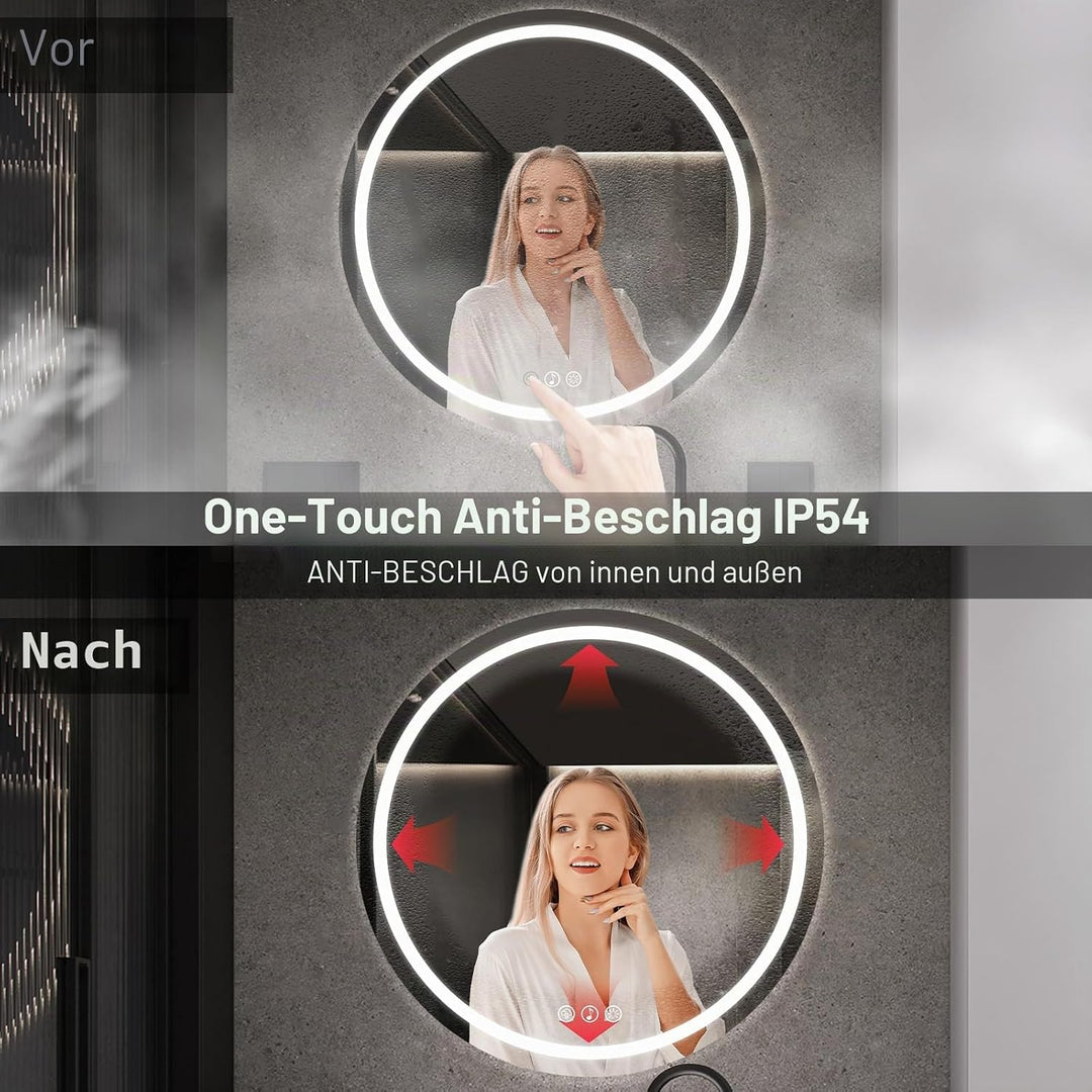 Bluetooth Badezimmerspiegel mit Beleuchtung, 70cm Runder Spiegel mit Beleuchtung, Wandspiegel mit Fr