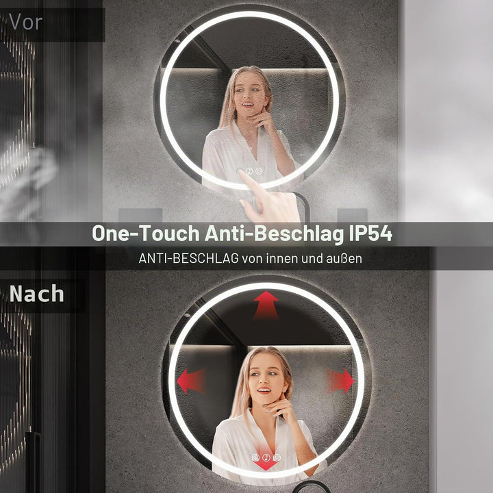 Bluetooth Badezimmerspiegel mit Beleuchtung, 70cm Runder Spiegel mit Beleuchtung, Wandspiegel mit Fr