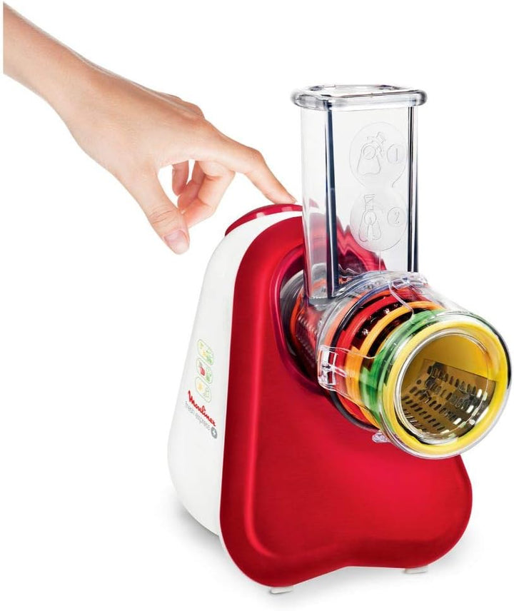 Moulinex DJ756G Fresh Express Plus | Elektrisches Schnitzelwerk 5 Einsätze inkl. Reiben | 200W | Rot