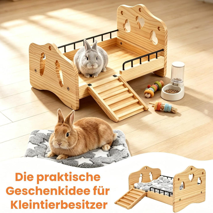 Meerschweinchen Bett Holz mit Treppe, Geländer und Matte, Zwergkaninchen Bettchen Kuschelkissen, Kan