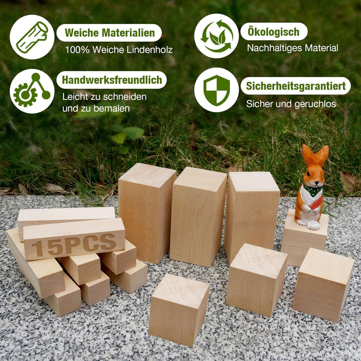 15 Stück Natürlich Lindenholz Holzblock -Handgeschnitztes Holz zum Schnitzen Drechselholz - DIY Hand