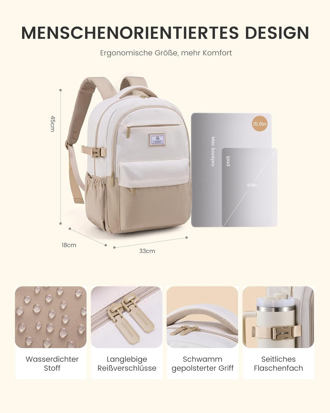 LOVEVOOK Rucksack Damen 15,6 Zoll Laptop Schulrucksack Mädchen Teenager, Wasserdichter Schultasche B