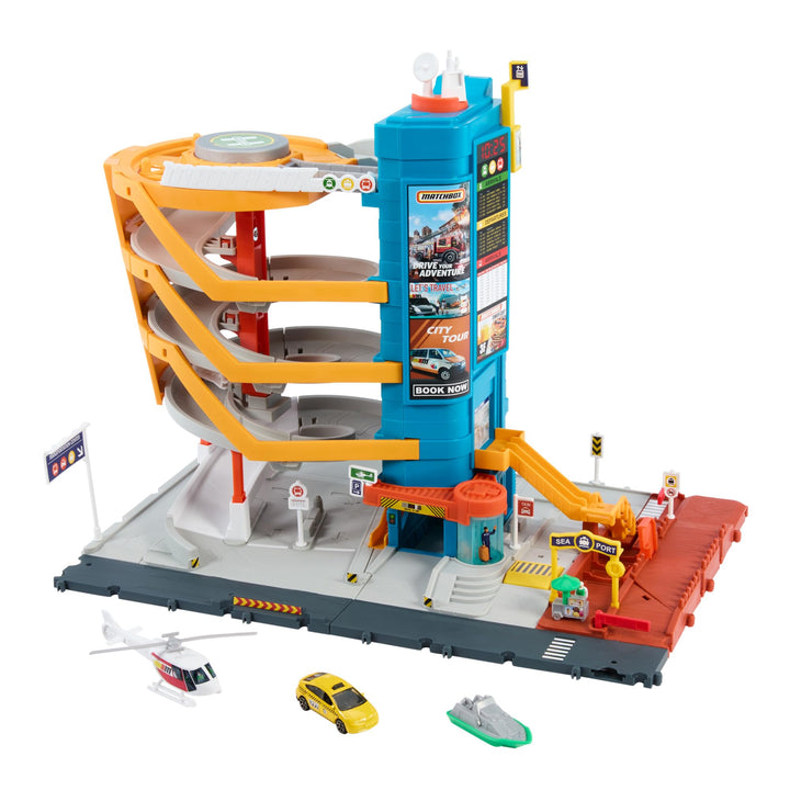 Matchbox Spielzeugautos und Spielset, Transport-Center mit 5 Etagen, von Kindern und Autos aktivierb