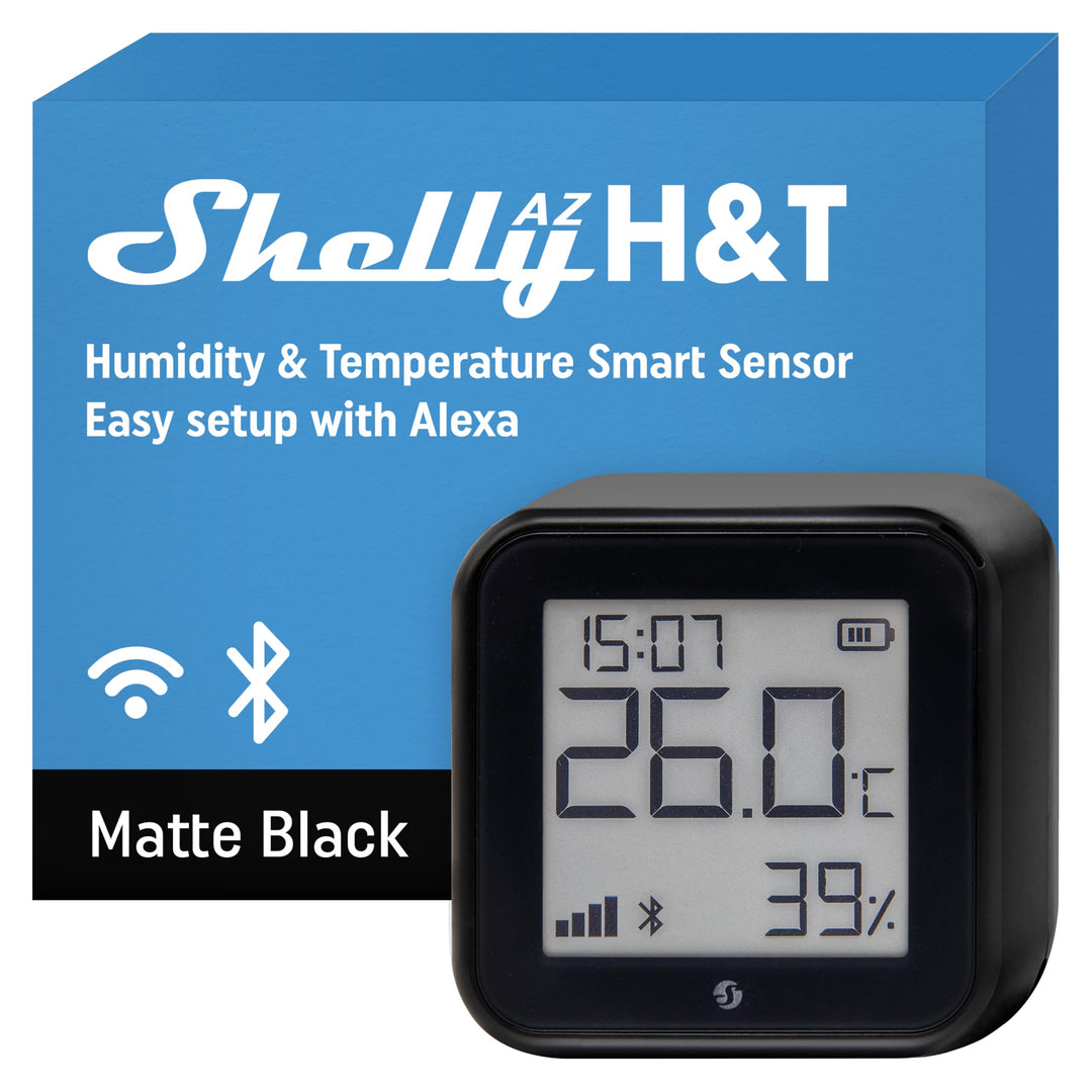 Shelly AZ H&T Schwarz, WLAN Smart Temperatur- und Feuchtigkeitssensor, Schnelle Verbindung mit Alexa