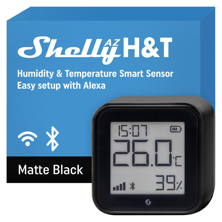 Shelly AZ H&T Schwarz, WLAN Smart Temperatur- und Feuchtigkeitssensor, Schnelle Verbindung mit Alexa