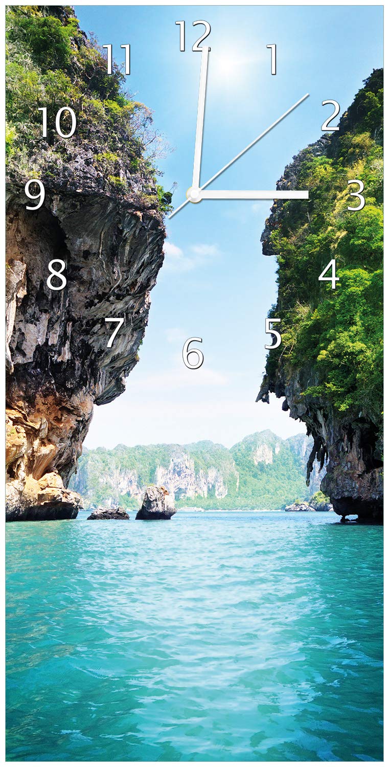 Wallario Design-Wanduhr Felsenschlucht am Meer in Thailand aus Glas, Motiv-Uhr Grösse 30 x 60 cm, we