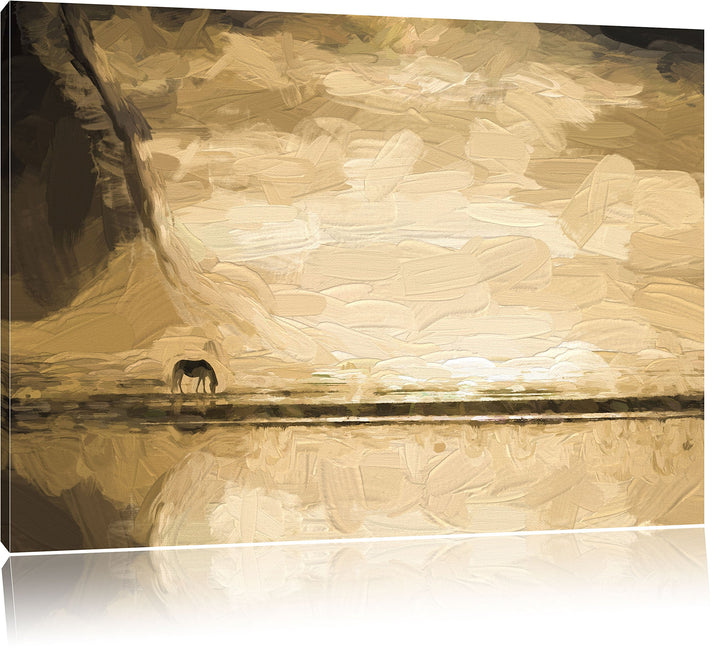 Pixxprint wildes Pferd am Ufer Einer Insel Kunst Pinsel Effekt, Format: 100x70 auf Leinwand, 100x70