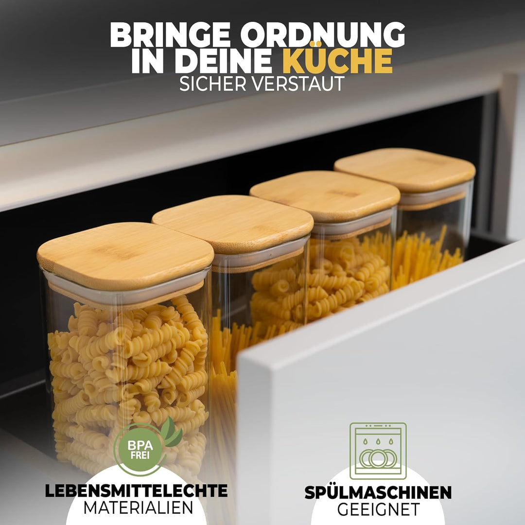 CLIDOR ® Vorratsgläser mit Deckel, Eckig - 4er Set - Extra dickes Glas - Vorratsdosen mit Deckel luf
