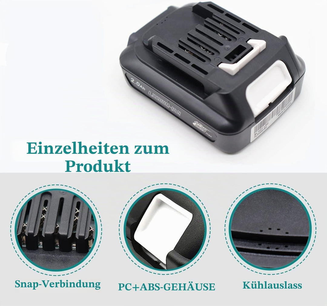 FengWings® BL1021B 2.0Ah Akku 2X Mit Ladegerät DC10WD DC10SB, Kompatibel mit Makita 12V Akku BL1016