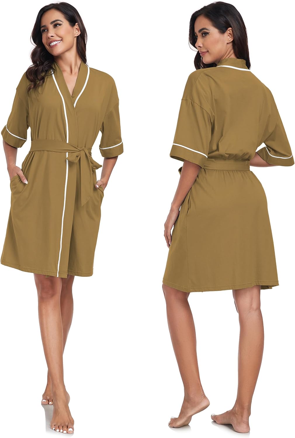 COLORFULLEAF 100% Baumwolle Bademantel Damen Kurz Morgenmantel Leicht Knielang Kimono Saunamantel Na
