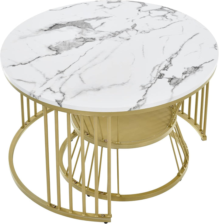 Merax Runder Couchtisch 2er Set, Moderne Beistelltisch mit Hochglanz Marmorstruktur für Wohnzimmer,