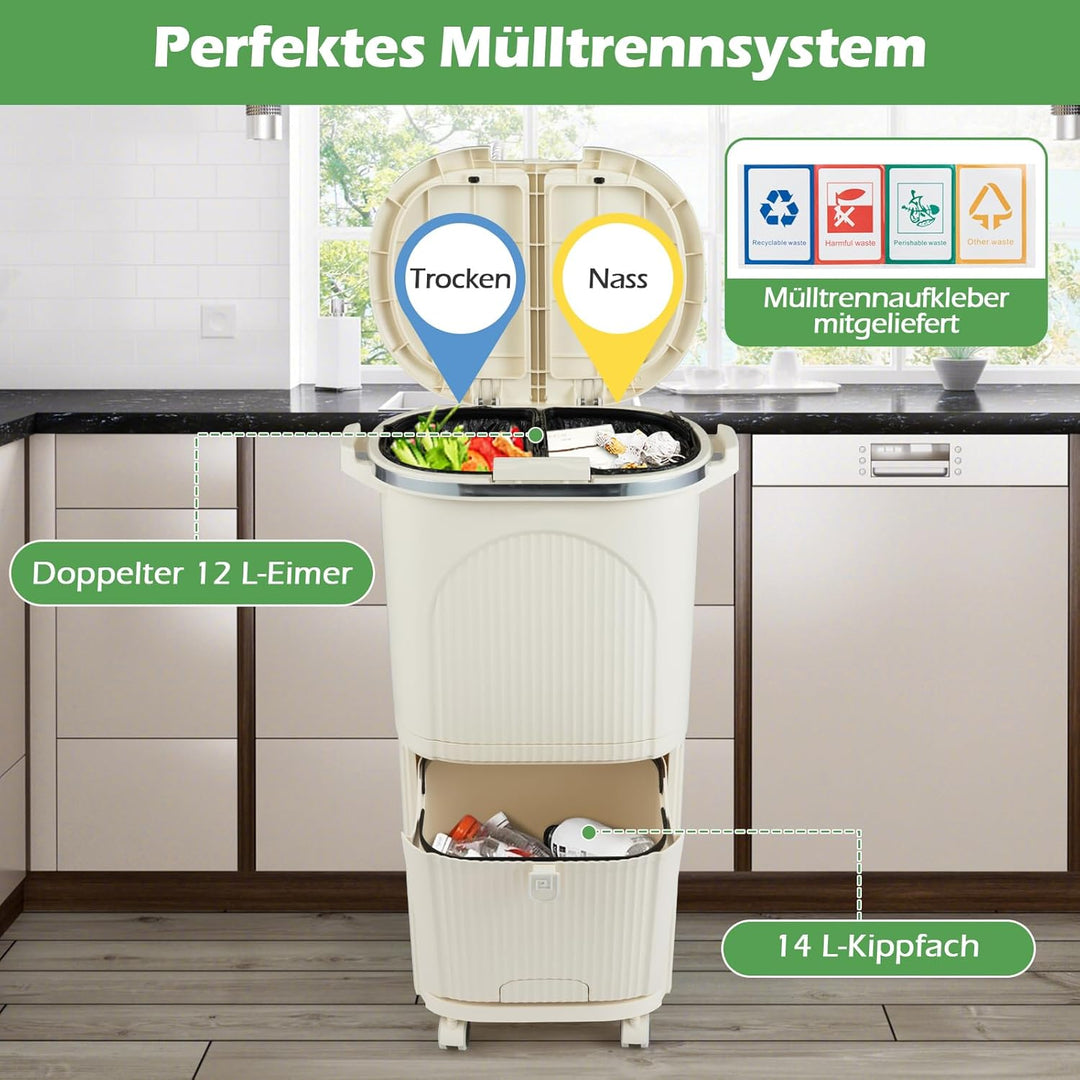 COSTWAY Mülleimer Küche, Mülltrennsystem 3 Fächer, 2 x 12L Inneneimer & 14L Treteimer, Abfalleimer m