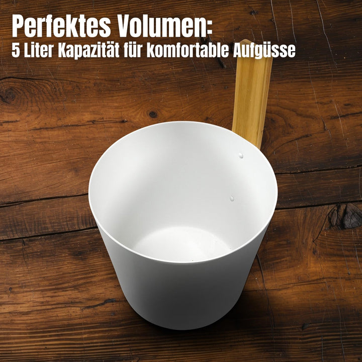 KOLO Sauna Kübel 3 & Kelle - Sauna Aufguss Set - Sauna Eimer 5l aus Aluminium Weiss - 300ml Aufgussk