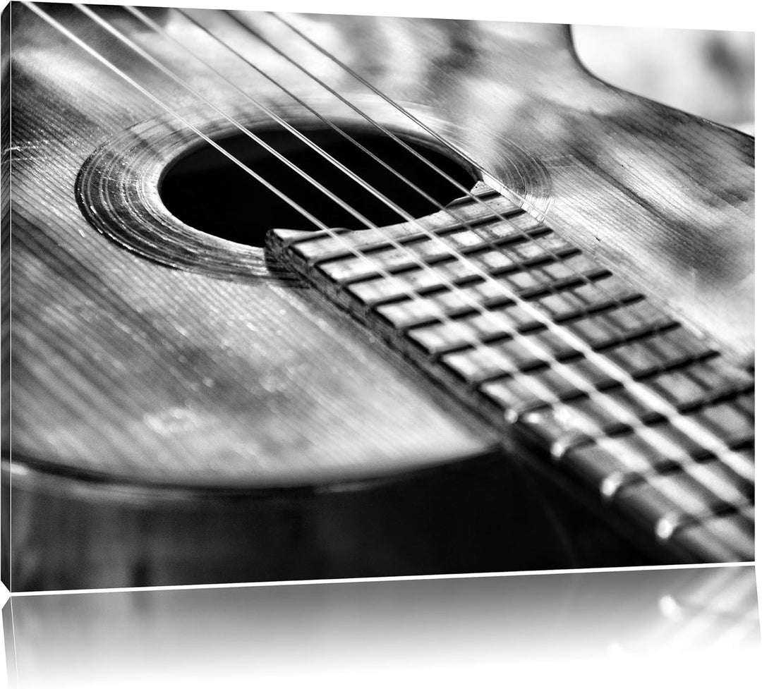 Pixxprint Gitarrensaiten am Schallloch als Leinwandbild/Grösse: 100x70 cm/Wandbild/Kunstdruck/fertig