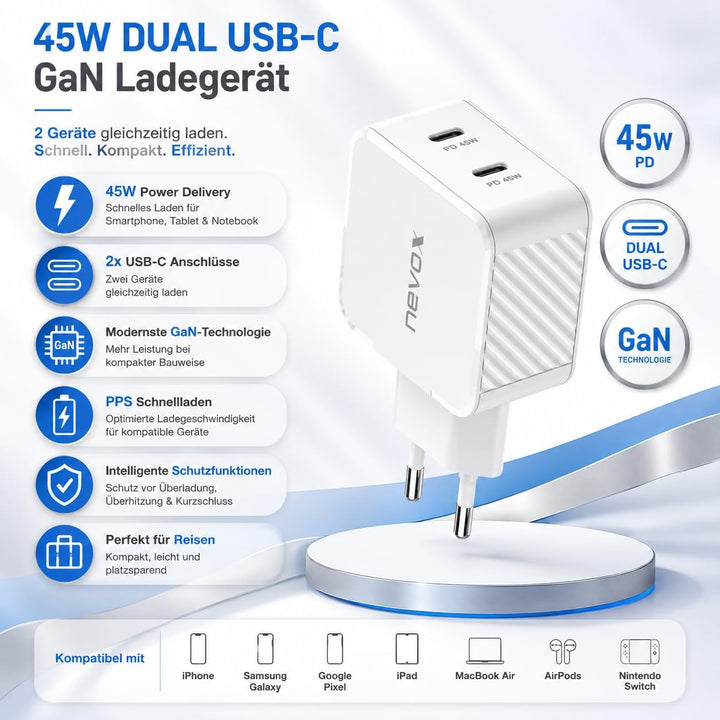 NEVOX 45W Dual USB-C GaN Ladegerät – 2X USB-C Power Delivery PPS Schnellladegerät, kompaktes USB-C N