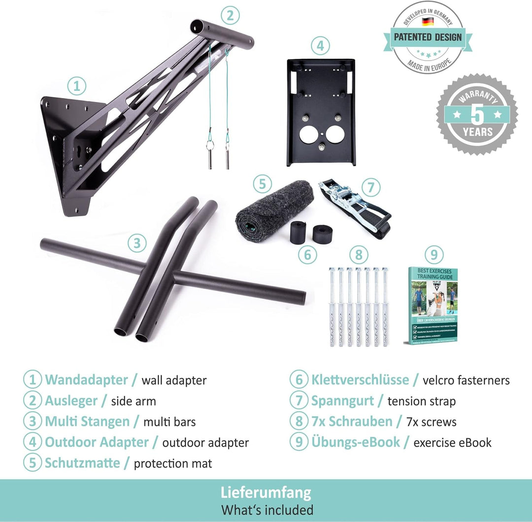 PULLUP & DIP Premium Klimmzugstange und Dip Stange, Mobil für Wand und Befestigung an Baum & Pfosten