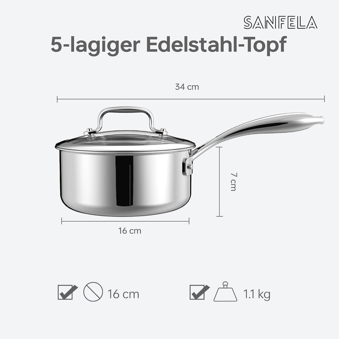 5-lagiger Edelstahltopf mit Glas Deckel, 16 cm, für alle Herdarten geeignet