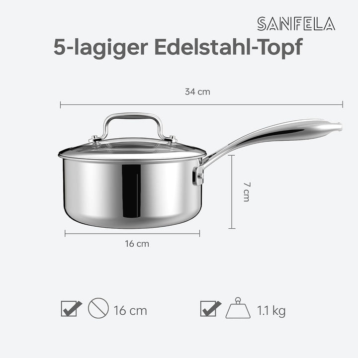 5-lagiger Edelstahltopf mit Glas Deckel, 16 cm, für alle Herdarten geeignet