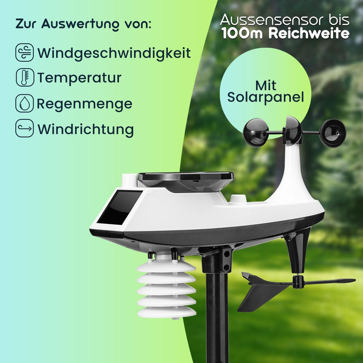 Premium WLAN Wetterstation m. XL-Farbdisplay, Aussensensor, App-Daten, Messung von Temperatur, Regen