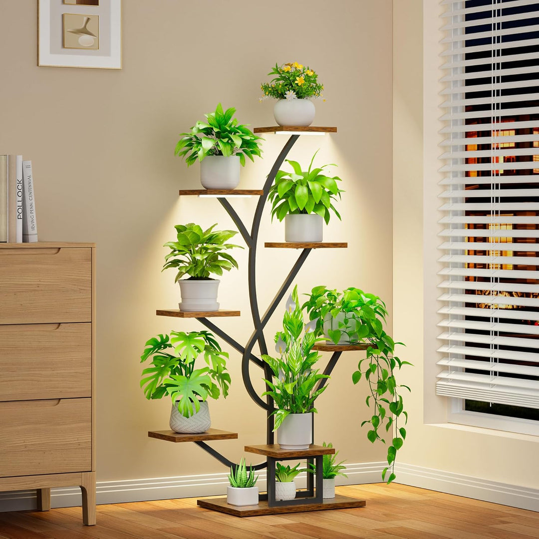Pflanzenständer mit Wachstumslicht - 8 Ebenen Blumenständer 126cm Metall Holz Pflanzenregal - Innen
